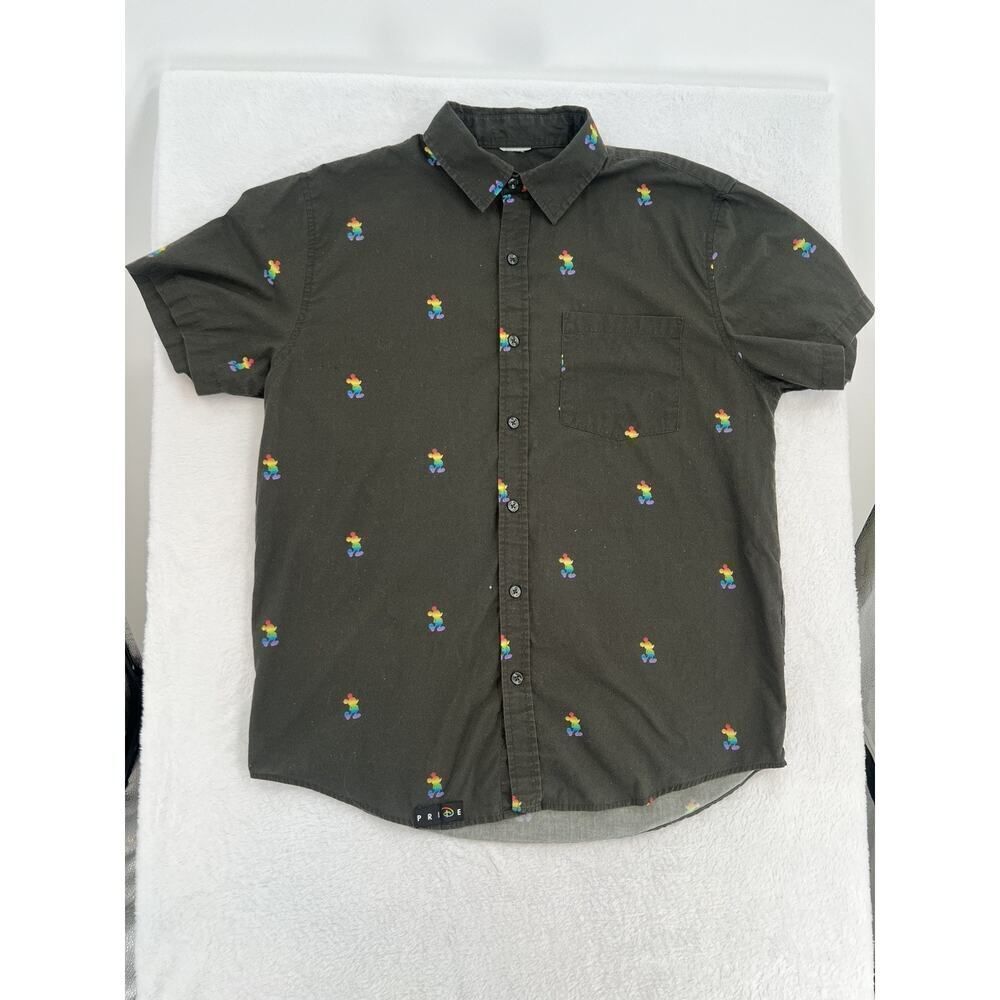 Disney Mickey Pride Rainbow Hawaiian Button Down Shirt Mens Small S Cotton